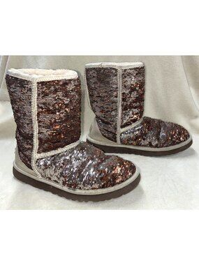 UGG Rose Gold Sequin Boots #3353 Sheepskin Lining Mid-calf Women Sz 7 #h